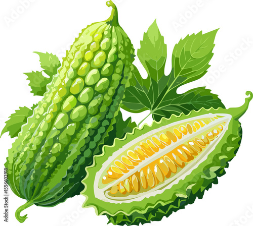 A detailed illustration of a Bitter Melon, with one cut open to reveal its inner structure and seeds