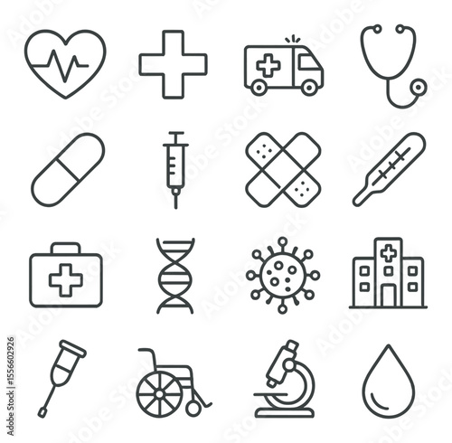 Medical icons set – outline, health and wellness symbols for modern design