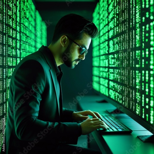man sitting desk front computer monitor wearing dark suit glasses appears focused his work computer monitor covered green binary code which visible screen man typing keyboard seems working project