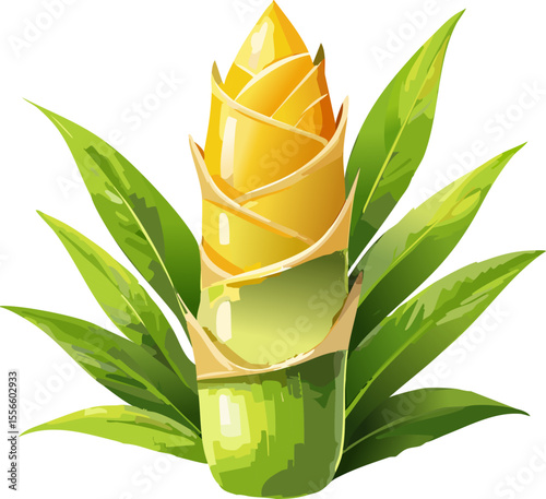 An illustration of a unique ginger flower blooming with vibrant green leaves