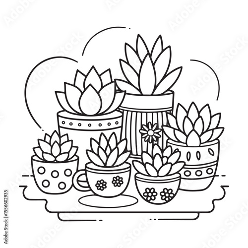 Miniature Fairy Cottage in a Teacup Planter – Bold Line Garden Coloring Page, Black & White Designs, Victor Illustration, Line Art, Miniature Garden Bold & Easy Coloring Book, 