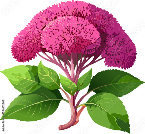 A stunning illustration of a vibrant pink flower with lush green leaves, showcasing the beauty of nature.