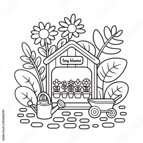 Miniature Fairy Cottage in a Teacup Planter – Bold Line Garden Coloring Page, Black & White Designs, Victor Illustration, Line Art, Miniature Garden Bold & Easy Coloring Book, 