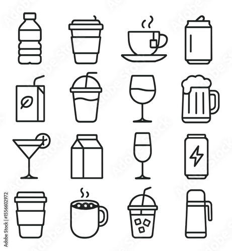 Diverse beverage icons set – outline, drink and refreshment symbols pack
