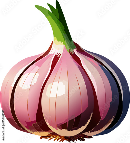 Single bulb of garlic with pink skin and green sprout