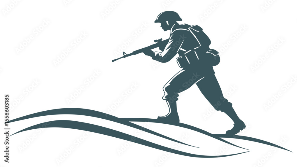 Fototapeta premium Silhouetted Soldier Advancing Across Undulating Terrain.
