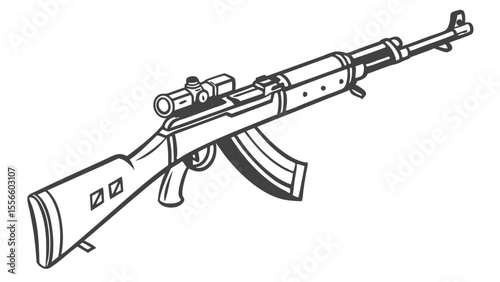 Line art illustration of a rifle with scope and magazine.