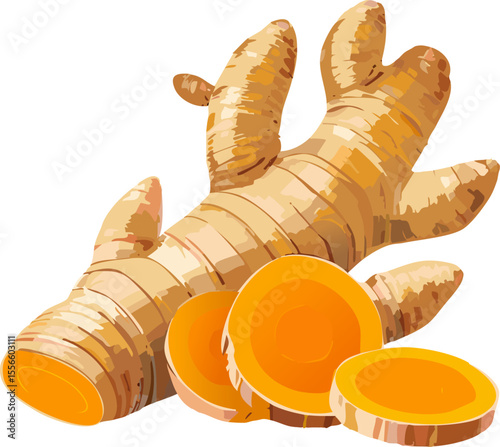 Vibrant turmeric root, with sliced pieces, showcasing the spice's rich color and texture. This image emphasizes the essence of a key ingredient