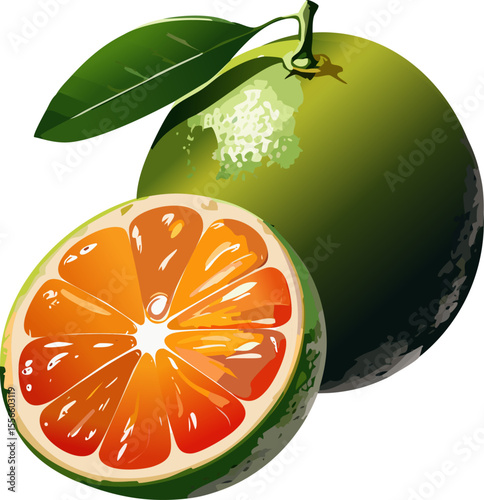 A whole and sliced orange with green leaves, representing freshness and vitality. The fruit is brightly colored, offering a delicious look and appeal
