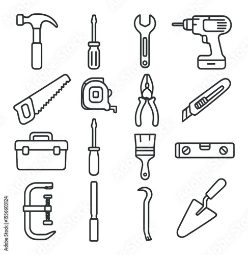 Essential tool icons set - linear, diy, construction and repair symbols