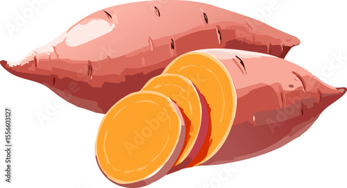 Sweet potato with slices, showing its vibrant orange flesh and earthy exterior.  The image is clean and highlights the vegetable's texture and color.