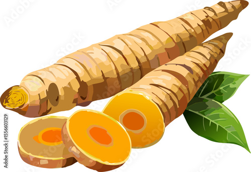 Turmeric root with slices and leaves. The image showcases the vibrant orange-yellow color of the turmeric inside, contrasting with its earthy brown exterior.