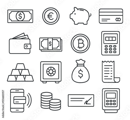 Money and finance icons set – outline, currency and banking symbols collection