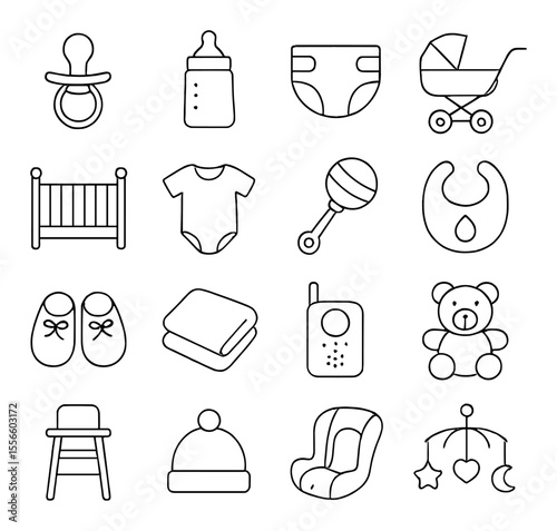 Baby essentials icons set – outline, newborn and infant care symbols