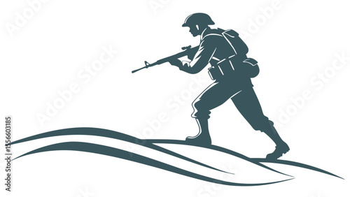 Silhouetted Soldier Advancing Across Undulating Terrain.