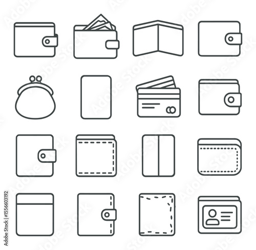 Wallet icons set - outline, stylish and simple money management symbols collection