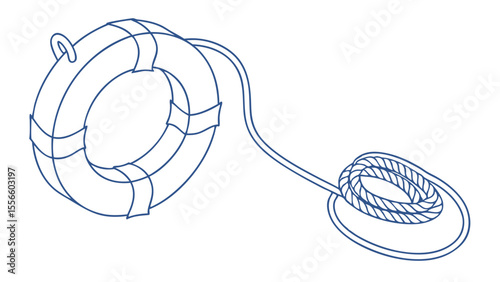 Blue Outline of a Life Preserver and Attached Rope.