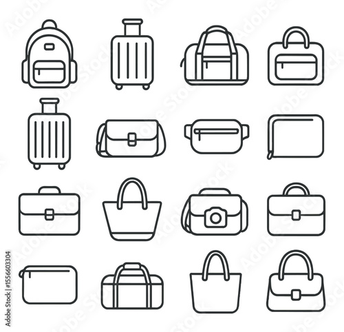 Travel bag icons set – outline, luggage and backpack symbol collection
