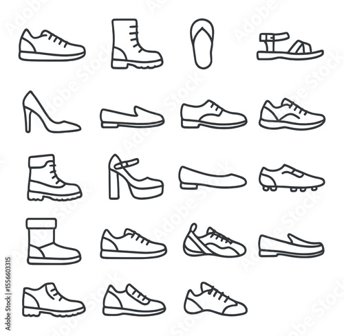 Diverse footwear icons set – line style, shoes and footwear symbols for design