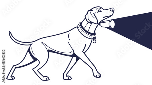 Dog with a flashlight searching in the dark.