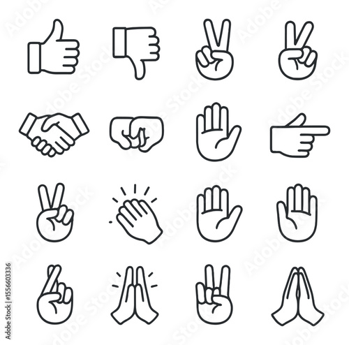 Diverse hand gestures icons set – outline, communication and expression symbols