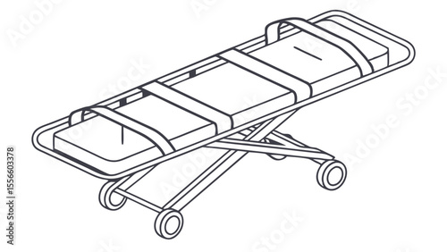 Line art illustration of a medical stretcher with wheels and straps.