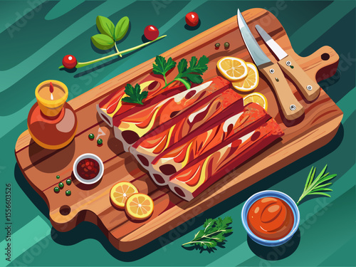 vector of Pork ribs are served on a chopping board with lemon wedges and sauce...view from above.