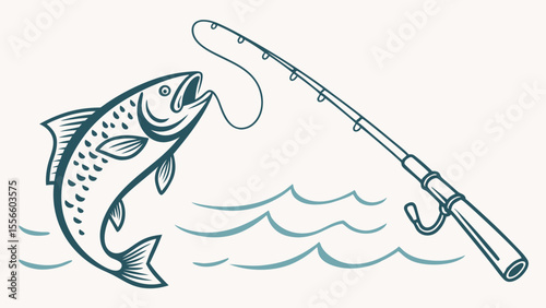 Fishing Rod with Jumping Fish Above Water.