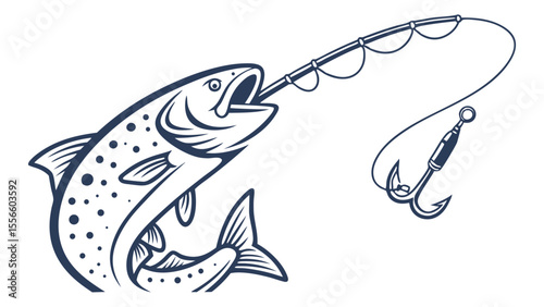 Leaping Trout with Fishing Hook and Line Illustration.