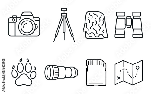 Wildlife photography icons set – linear style, camera gear and lens symbols