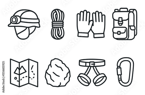 Caving equipment icons set - line, exploration and adventure gear symbols