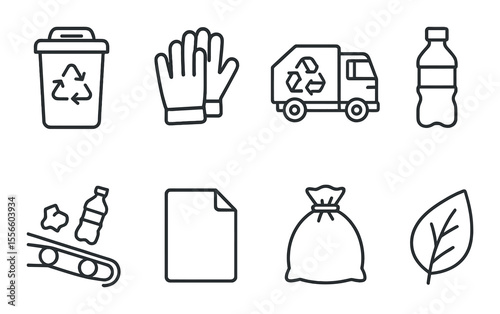 Recycling and waste linear icons set – eco-friendly, green sustainability symbols