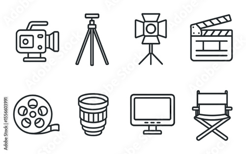 Cinematographer tools icons set – linear, filmmaking and movie production essentials