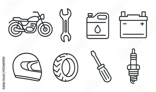 Motorcycle mechanic icons set – outline, repair and maintenance symbol collection