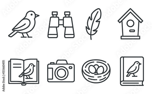 Ornithologist essentials icons set – outline, birdwatching and nature study symbols