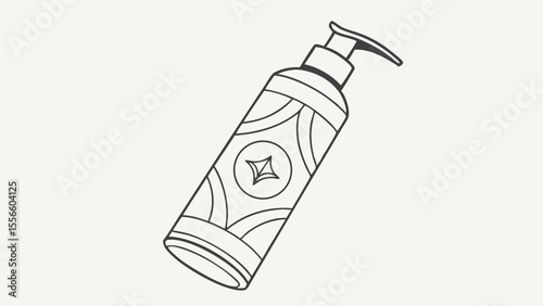 Outlined lotion bottle with pump and geometric design elements.