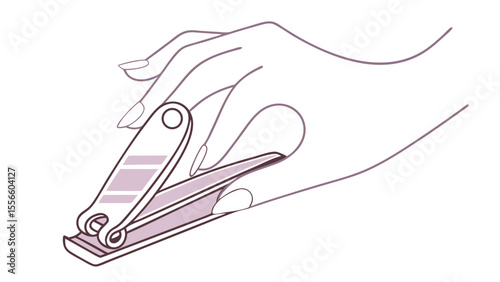 Hand using nail clippers outlined illustration with transparent background.
