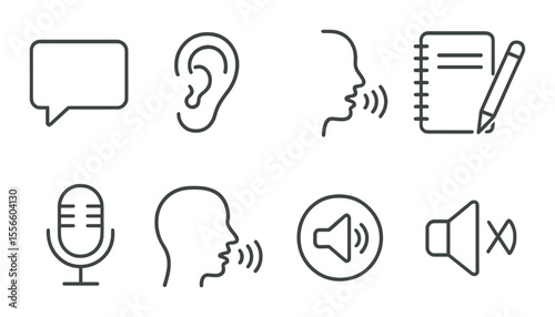 Speech therapy icons set – linear, communication and language development symbols