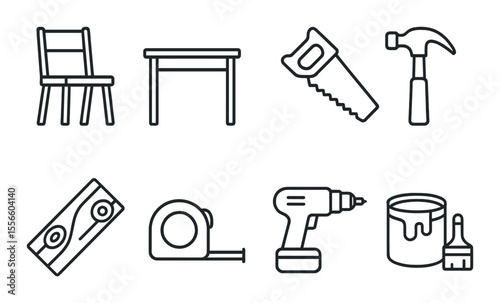Furniture making icons set – outline, carpentry and woodworking tools collection