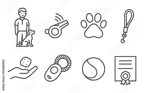 Dog training icons set – outline, pet obedience and puppy behavior symbols