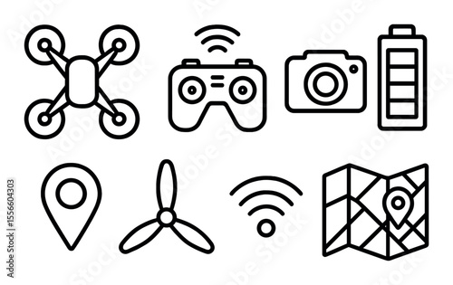 Drone operation icons set – outline, uav and aerial navigation symbols