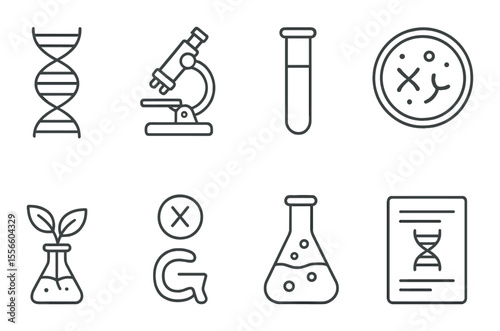 Biotech research icons set – outline, lab analysis and scientific study symbols