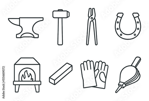 Blacksmith tools icons set – outline, forging and crafting symbols for your projects