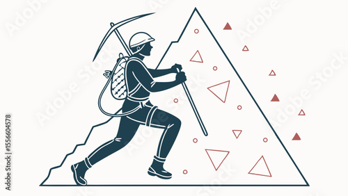 Stylized illustration of a mountain climber ascending a geometric mountain.