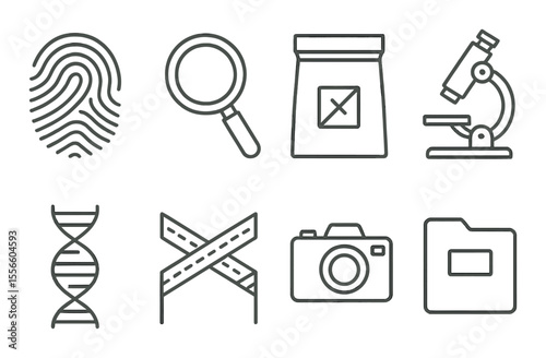 Forensic science icons set – outline, crime scene and investigation symbols