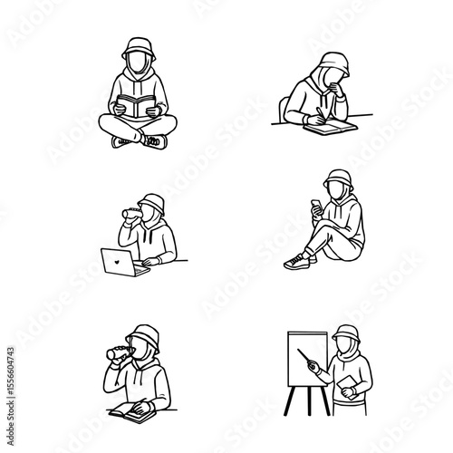 Hijab Woman Daily Activity Outline Vector Set. A collection of hijabi women in daily activities. Set of Muslim women wearing hijab doing productive tasks. set of hijab women in various poses. 