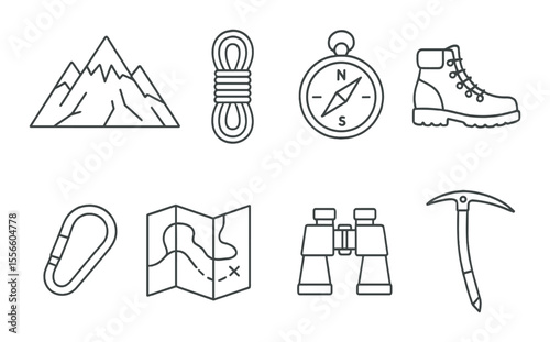 Mountain gear icons set – outline, hiking and adventure equipment symbols