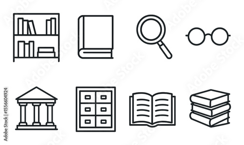 Librarian essentials line icons set – books, reading, library resources symbols