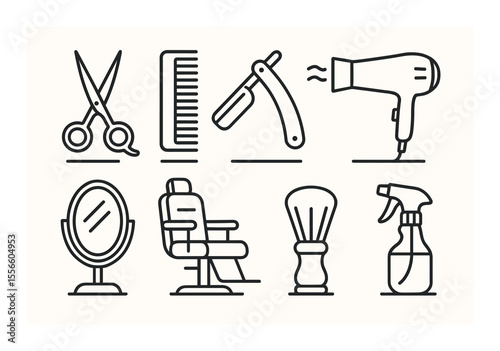 Barber tools outline icons set – hairdressing, grooming, and salon essentials