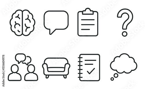 Psychology symbols icons set – outline, mental health and therapy visual elements